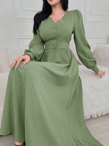 Feyla Women's Solid Color V-Neck Ruffled Long Sleeve Single-Breasted Elegant Dress - Green - View 3