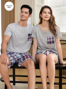 Manfinity Contrast Plaid Print Pocket Decor Men's Short Sleeve Top And Shorts Pajama Set, Casual Home Wear - Multicolor - View 3