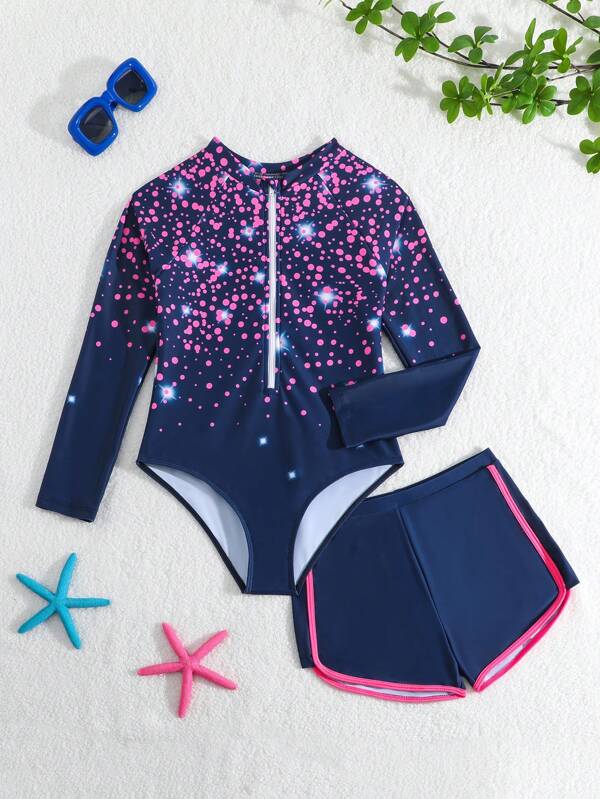 SHEIN Girls Contrast Color One-Piece Swimsuit & Shorts, Pink With Blue Polka Dot Sparkle Pattern, Sweet & Fashionable Simple Design, For Spring/Summer Toddler Girl Bathing Suits Long Sleeve Kids Bathing Suit Swim Wear For Kids Kids Swim Wear Long Sleeve Girls Swimsuit Youth Girl Swimsuit Young Girl Swim Suit Young Girls One Pieces Young Girls Swimsuit Swimming Suits For Girls Kids Swimsuits Long Sleeve Long Sleeve Bathing Suits For Girls Swim Suit 2 Set For Girls Long Sleeve Kids Swimsuit Long Sleeve