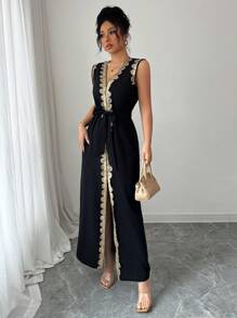 Rafferiza Vestido largo elegante de mujer sin mangas con escote en V y ajuste a la cintura