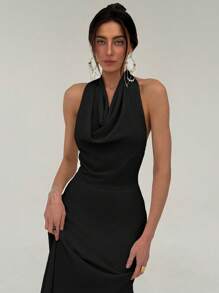 Aloruh Morelowa minimalistyczna sukienka Commuter z wysokim kołnierzem i paskiem, dopasowana w kształcie litery A, z odkrytymi plecami, dla kobiet - Czarne - Zobacz 4