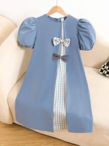 SHEIN Tween Girl Loose Casual Round Neck Puff Sleeve Color Block Bow Decor Dress - Dusty Blue - View 1