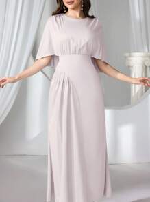 Coutiva Women Solid Color Round Neck Batwing Sleeve Elegant Cocktail Party Dress, Wedding Guest Dress - Baby Pink - View 3