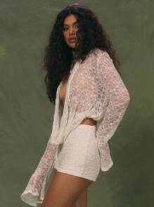 MUSERA Extreme Plunge Draped Front Textured Lace Long Sleeve Flared Cuff Top Only Sexy Cute Ibiza Club Vacation Holiday Boho Festival Rave Going Out Tops Club Winter Spring Summer - Cream - View 3