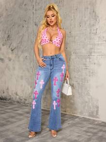 SHEIN SXY Pantalones vaqueros con vuelo estampados de mujer casuales - Azul - Ver 3