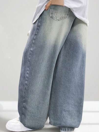 Genkimix Kids Denim Tween Boy Casual Daily Urban Street Elastic Waist Zipper Pocket Distressed Design Straight Leg Denim Jeans, School, Campus, College Chic For Autumn/Winter