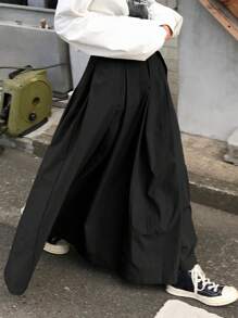 FRIFUL Women's Khaki High Waist Pleat Design Skirt - Black - View 4