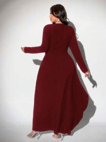 Viva Relle Women Plus Size Solid Color Square Neck Long Sleeve Side Slit Elegant Dress - Burgundy - View 2