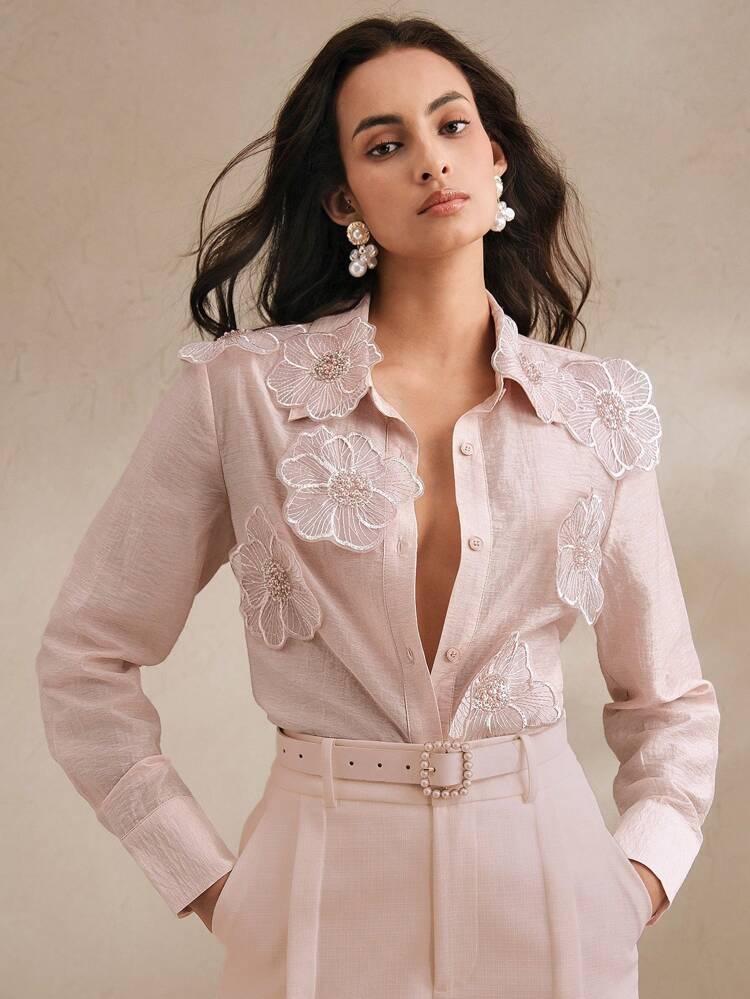 Women's Collared Long Sleeve Shirt With 3D Rhinestones Embroidery, Transparent & Fashionable Modest Design, Spring