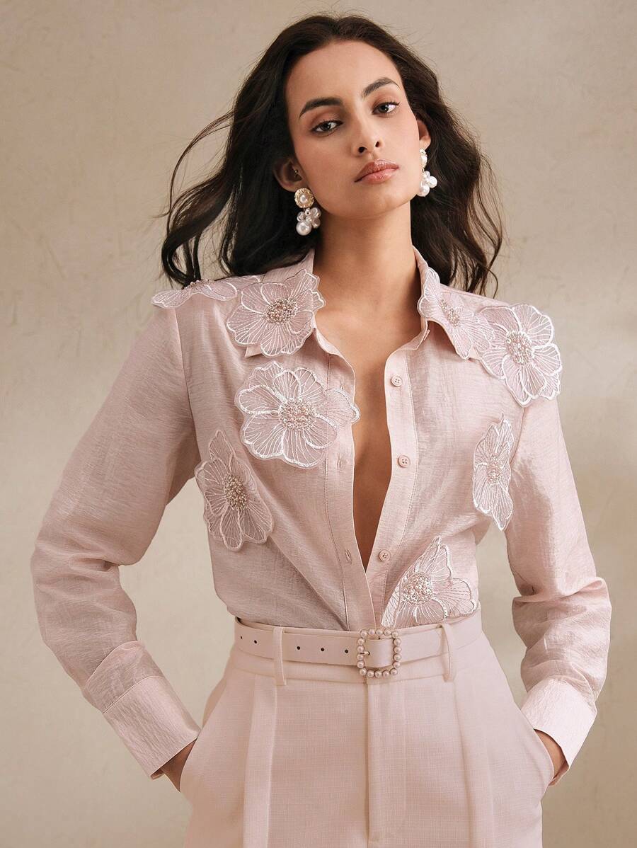 Anewsta قميص نسائي طويل الأكمام مع تطريز بالراين ثلاثي الأبعاد، تصميم شفاف وعصري محتشم، للربيع - وردي مغبر - مشاهدة 1