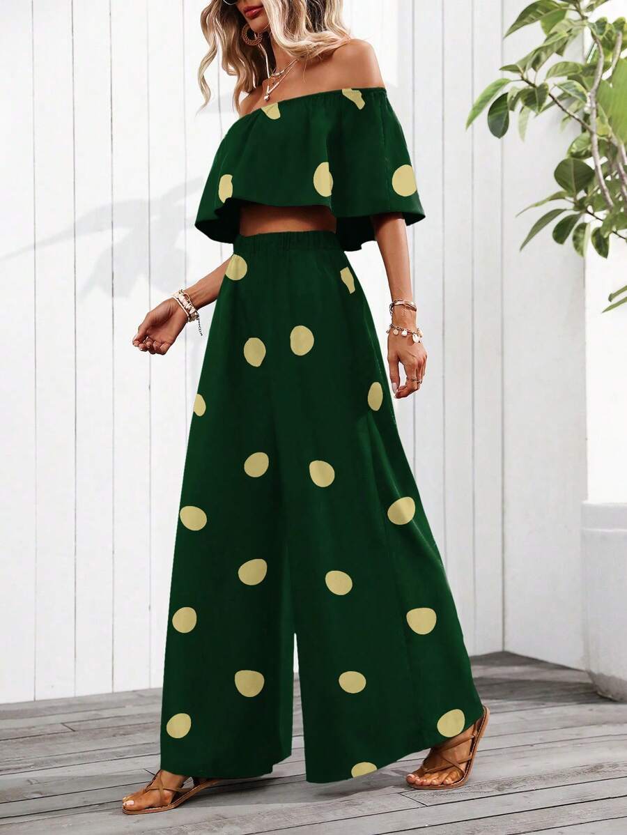 SHEIN Clasi Off Shoulder Polka Dot Print 2 Pieces Set (Asymmetric Cut Pattern) - Dark Green - View 1