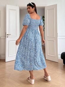 SHEIN EZwear Plus Size Ditsy Floral Square Collar Vacation Casual Dress - Blue - View 2