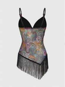 ROMWE Hippie Camiseta de tirantes con estampado de paisley, dobladillo con flecos de cuentas de madera, estilo retro hippie western y de festival de música para mujeres
