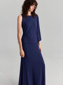 Ontre 2pcs/Set Women Summer Minimalist Loose Top And Skirt Set, Navy Blue - Black - View 4