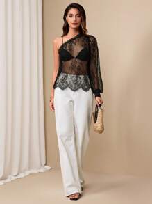 SHEIN Unity Women's Elegant Elegant See-Through Lace Shoulder Top Fall Cloth For Women - Black - View 4