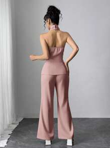 Modelyn Women Solid Color Single-Breasted Halter Top And Flared Pants Elegant 2 Pieces Set,Business Casual Woman