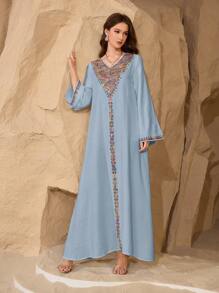 Al Najma Spring/Summer V-Neck Flare Sleeve Hand-Knit Sequins Embroidered Flowy Dress, Modest - Dusty Blue - View 7