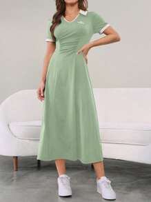 Seusyu 女式撞色荷叶边领短袖休闲连衣裙