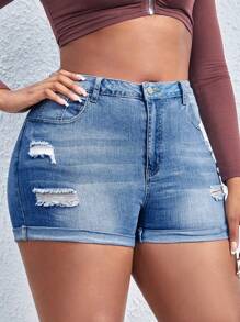 SHEIN SXY Plus Size Summer Casual Washed Distressed Slim Fit Denim Shorts - Medium Wash - View 6
