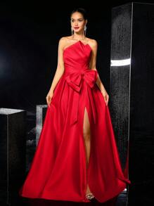 Glamrae 优雅浪漫缎面不对称垂坠露肩超大蝴蝶结高开衩超大下摆连衣裙，适合晚会、单身派对、约会、正式活动、派对礼服、晚礼服、婚礼宾客 - 紅色 - 查看 7