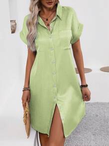 SHEIN LUNE Abito camicia casual da donna con tasca, a maniche corte, a tinta unita, con una fila di bottoni