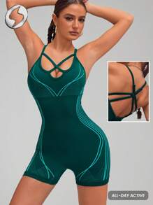 Innovista Women Activewear Seamless Backless Criss Cross Sports Jumpsuit, Breathable Mesh & High Elastic Dry Fit Gym Jumpsuit. High Waist Tummy Control & Butt-Lifting Workout Outfits, Dynamic Print Shapewear, Sculpting & Performance Jumpsuitlook Utilitarian Chic, Cool Wear Collection - Green - View 6