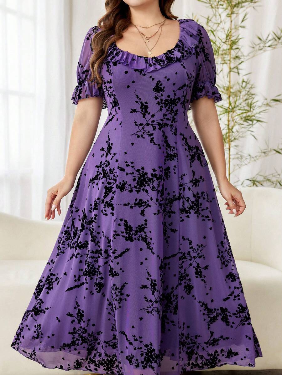 Modelyn Plus Size Elegant Mesh Jacquard Flared Hem Short Sleeve Dress, Spring/Summer - Purple - View 1
