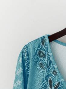 Casual Funnel Neck Long Sleeve Plus Size Women T-Shirt, Autumn/Winter Graphic Tees Women Tops For Spring - Blue - View 4