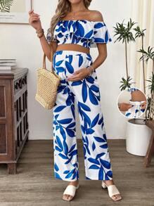 SHEIN Completo da due pezzi con top a spalle scoperte e pantaloni con stampa a foglie, abbigliamento da maternità per vacanze estive e appuntamenti