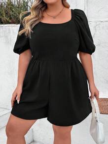 SHEIN CURVE+ 女式加大码黑色方领荷叶边泡泡袖褶皱后背连体衣，宽松版型，夏季 - 黑色 - 查看 4