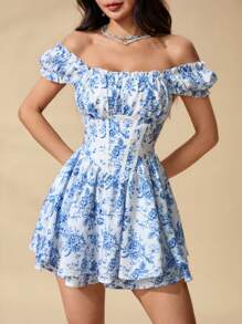 SHEIN PETITE 新款蓝白线碎花女装裙裤防走光适合夏季度假 - 藍色 - 查看 2