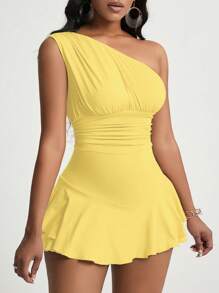 Zolique Asymmetric Neck Ruffle Flounce Hem Women's Romper