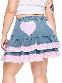 ROMWE Kawaii Plus Size Women Retro Floral & Gingham Print Lace Trim Cut-Off Denim Skirt, Vintage Aesthetic - Blue - View 1