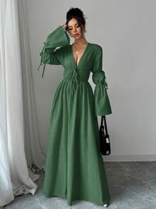 SHEIN Frenchy 女士优雅纯色喇叭袖连衣裙 - 墨綠色 - 查看 5