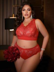 SHEIN 2 Stück Set aus Große Größen Spitzen-Panel BH ohne Bügel und Slip - Rot - Übersicht 3