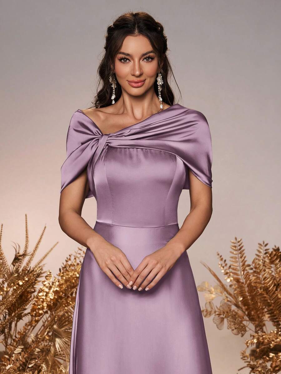 SHEIN Belle Váy phù dâu trang trọng trễ vai xoắn bất đối xứng màu xanh lá cây xô thơm thanh lịch dành cho nữ, kiểu nơ chữ A, thích hợp cho đám cưới - Màu tím - Xem 1