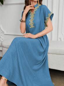 Al Najma 刺绣立领无袖优雅连衣裙，卡夫坦 - 藍色 - 查看 7