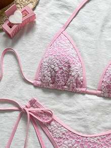 SHEIN Swim Set de 2 piezas de bikini con Top triangular y troncos con ataduras laterales, con textura de tela floral para verano