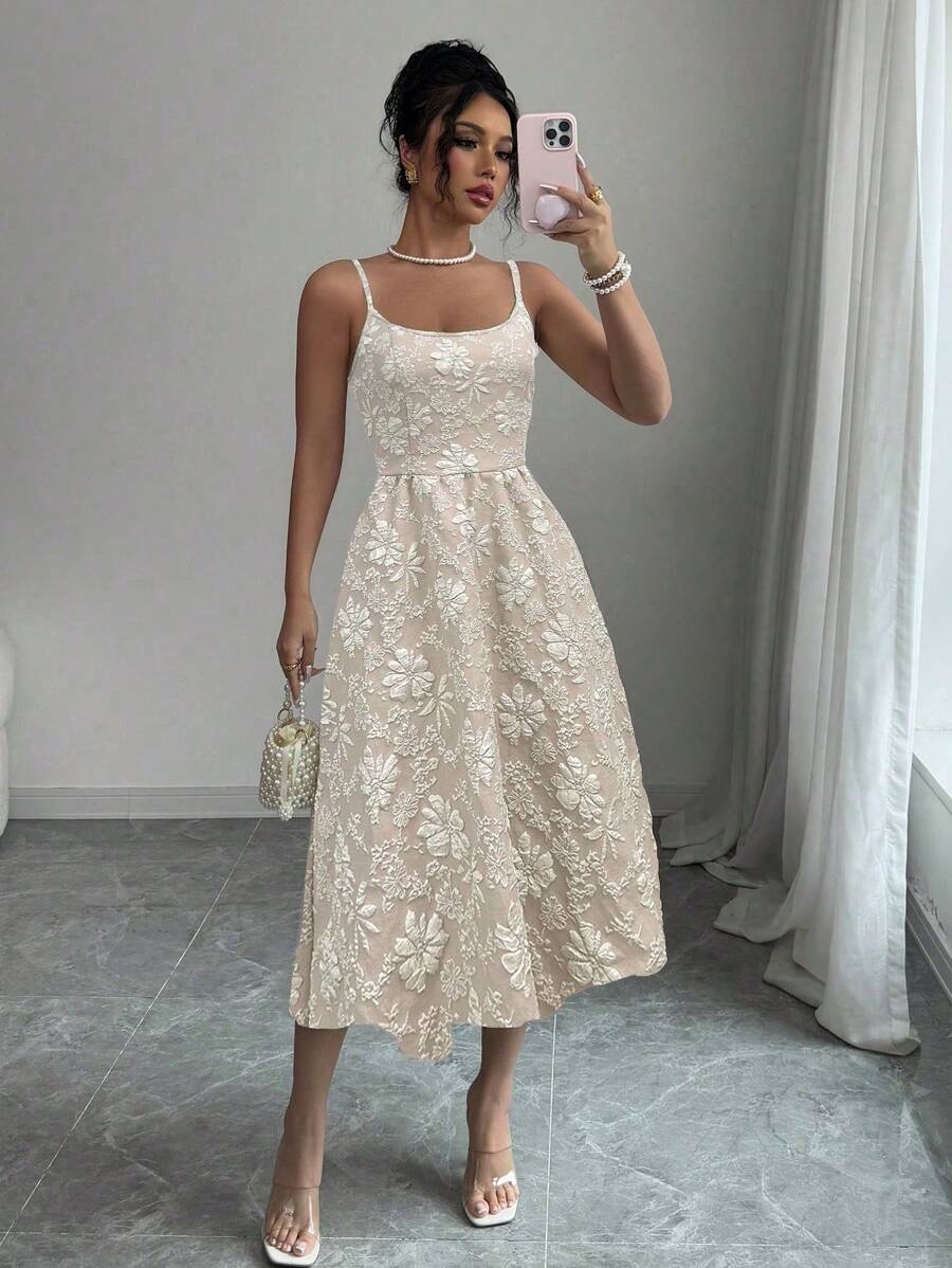 Elenzga 波西米亚风格纹理花卉吊带背心 A 字型杏色中长连衣裙，春夏季假期