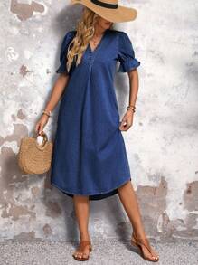 EMERY ROSE Ladies' Solid Color Simple Daily Short Sleeve Denim Dress - Dark Wash - View 3