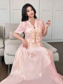 Modelyn 2 件套女士 3D 花朵装饰系腰短袖上衣和吊带背心连衣裙 - 粉色 - 查看 4