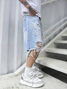 Manfinity EMRG Men's Loose Fit Cotton Ripped Frayed Raw Hem Denim Shorts Jorts - Light Wash - View 6