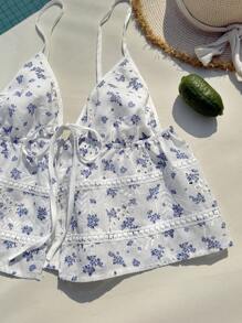 Sweetra Áo hai dây buộc trước dáng rộng in họa tiết hoa dành cho kỳ nghỉ của phụ nữ Y2K - Màu xanh lam - Xem 6