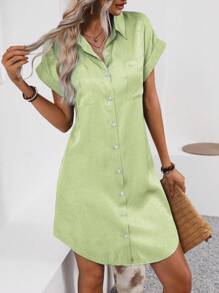 SHEIN LUNE Abito camicia casual da donna con tasca, a maniche corte, a tinta unita, con una fila di bottoni