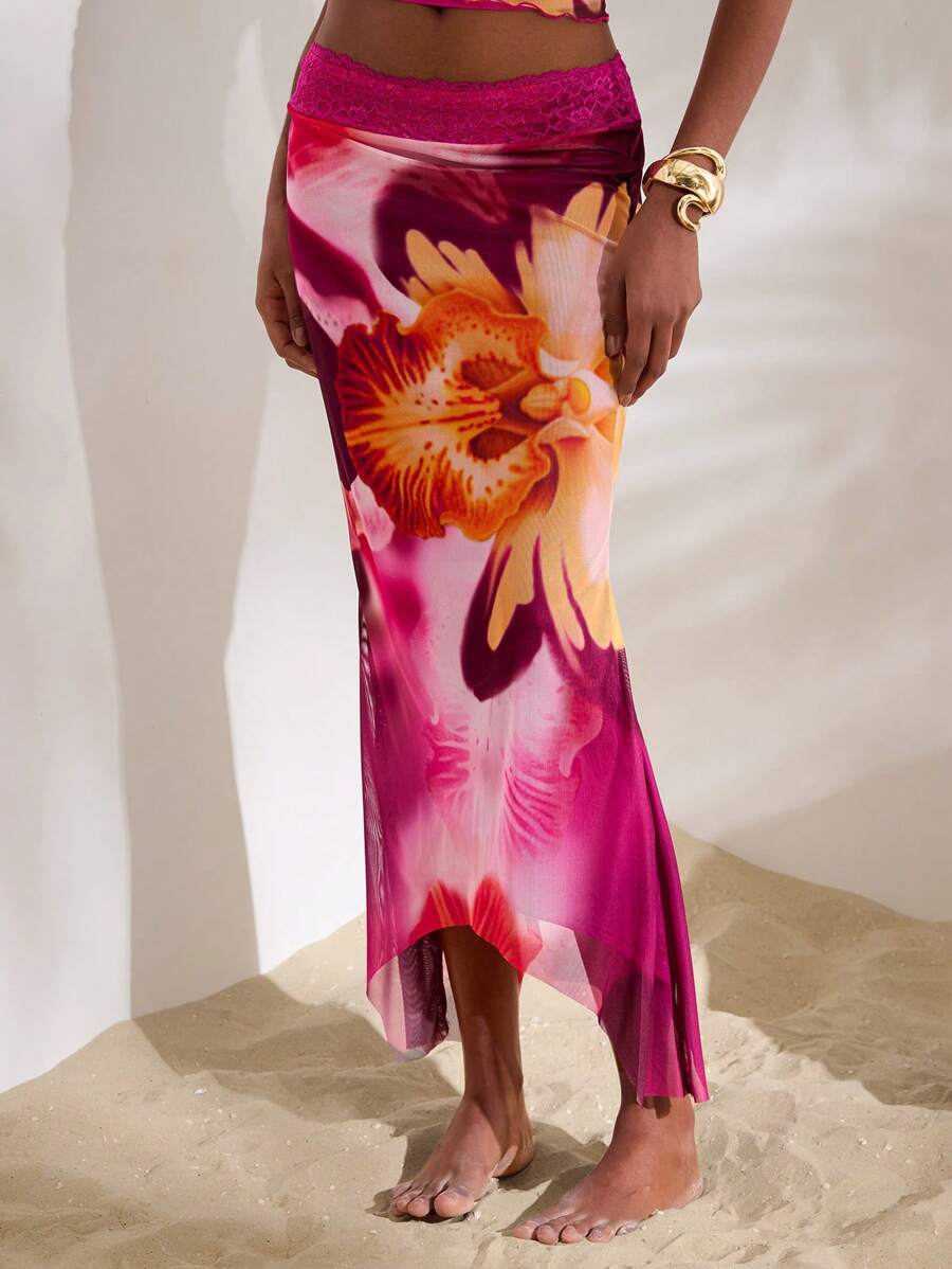 Opulessa Knit Mesh Floral Print Women's Skirt,Going Out, Business Casual Woman Style,Concert, Party, Club Outfits, Fall Women Clothes ,Chic Skirt, Long Skirt,Going Out, Concert, Party, Club Outfits, Fall Women Clothes ,Chic Skirt - Purple - View 1