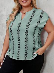 SHEIN Clasi Plus Size Olive Green Woven Fabric Blouse With Notched Neckline And Short Sleeves, Casual Style - Olive Green - View 5
