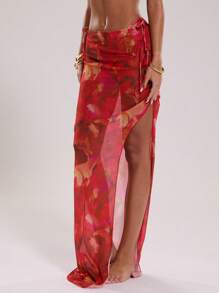 SHEIN BAE Women's Tie-Dye Printed Low-Waisted Drawstring Side Slit Swimsuit Wrap Skirt, Elegant Sexy, Spring/Summer New Arrival, Tulle Wraps, Holiday Clothes, Vacation Outfits Woman, Festival