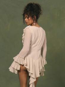 MUSERA Mono de manga larga con cuello de pico, cuello con volantes extremos, dobladillo con volantes, look lindo y sexy, adecuado para Ibiza, primavera, verano, club, vacaciones, vacaciones, estilo bohemio, primavera, verano, elegante ropa de playa