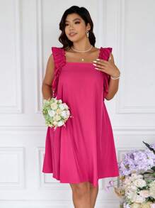 SHEIN Frenchy 大码女式夏季浪漫优雅荷叶边拼布连衣裙，适合海滩度假、婚礼季节、浪漫约会 - 玫紅色 - 查看 5