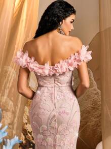 Glamrae Elegant Luxurious Lotus Root Pink Off-Shoulder Sleeve 3D Floral Splice Embroidered Sequin Split Fishtail Dress, Suitable For Weddings, Parties, Vacation, Balls, Evening Gowns (Heavy Duty)